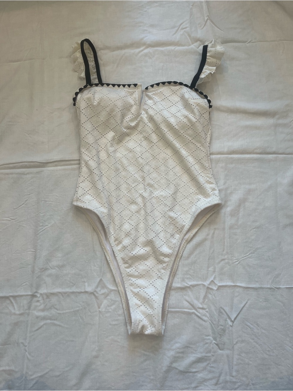 White Eyelet One-Piece Swimsuit with Black Trim